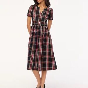 J. Crew Stewart Tartan Puff-Sleeve Factory Midi Dress